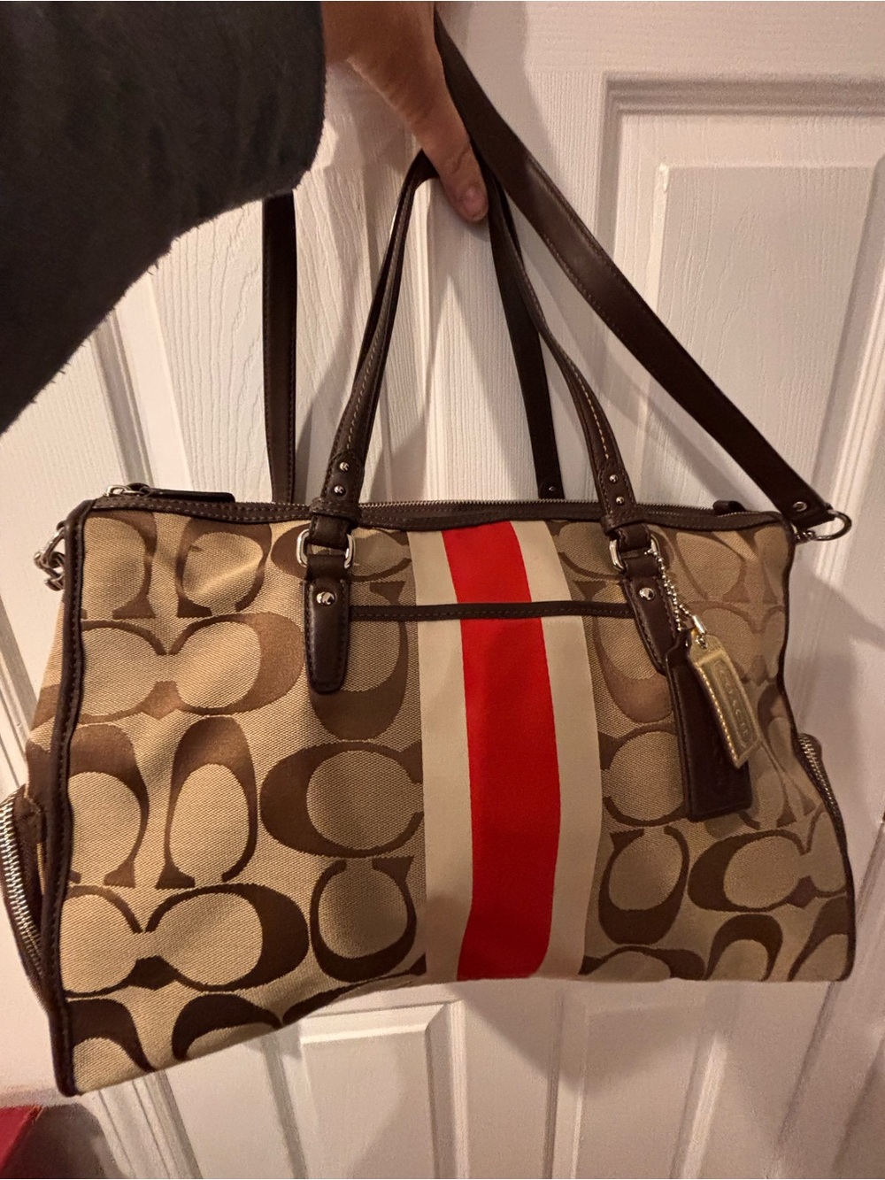 Coach Signature Canvas Satchel with Red Center Stripe and Brown Trim